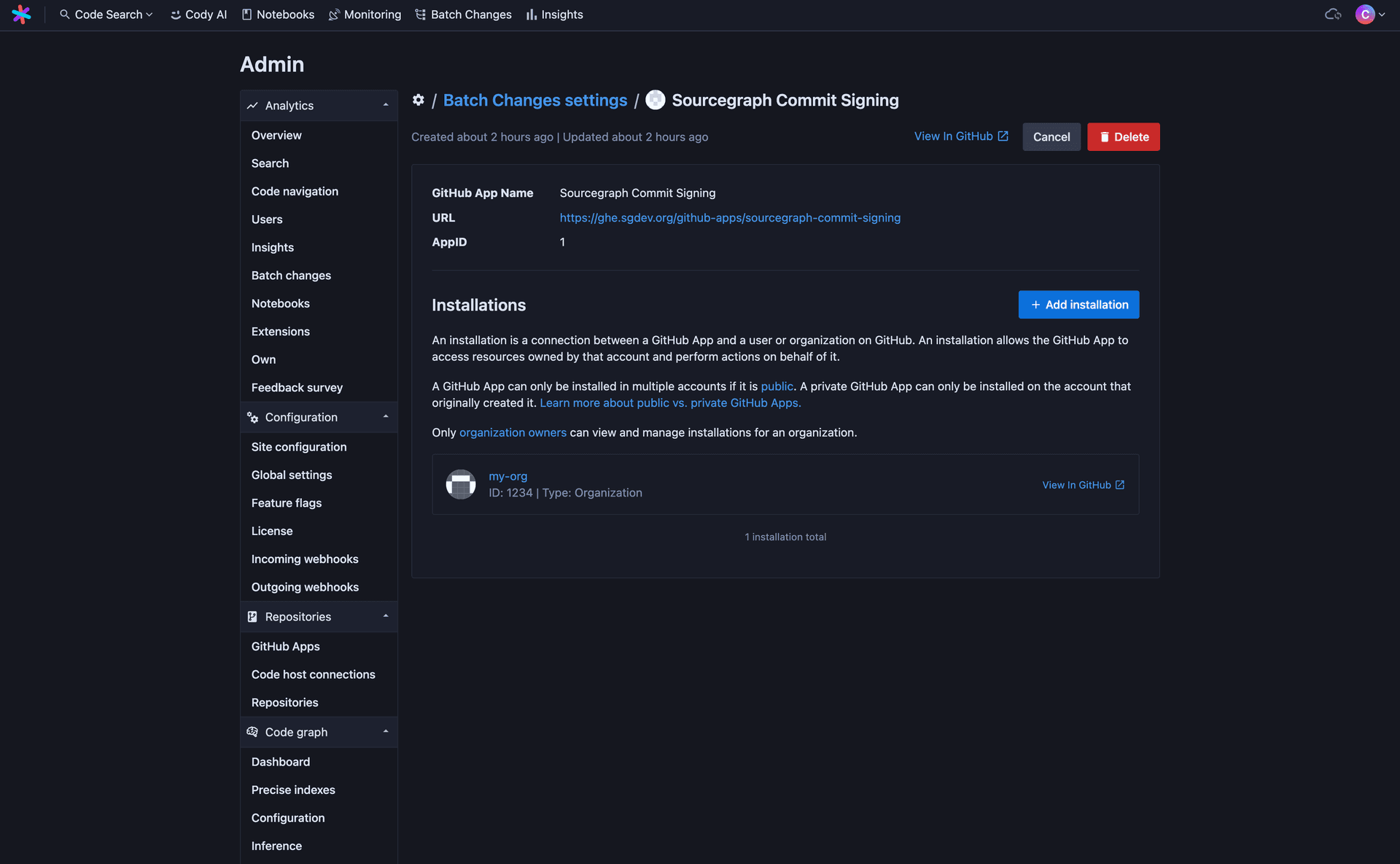 The GitHub App details page on Sourcegraph