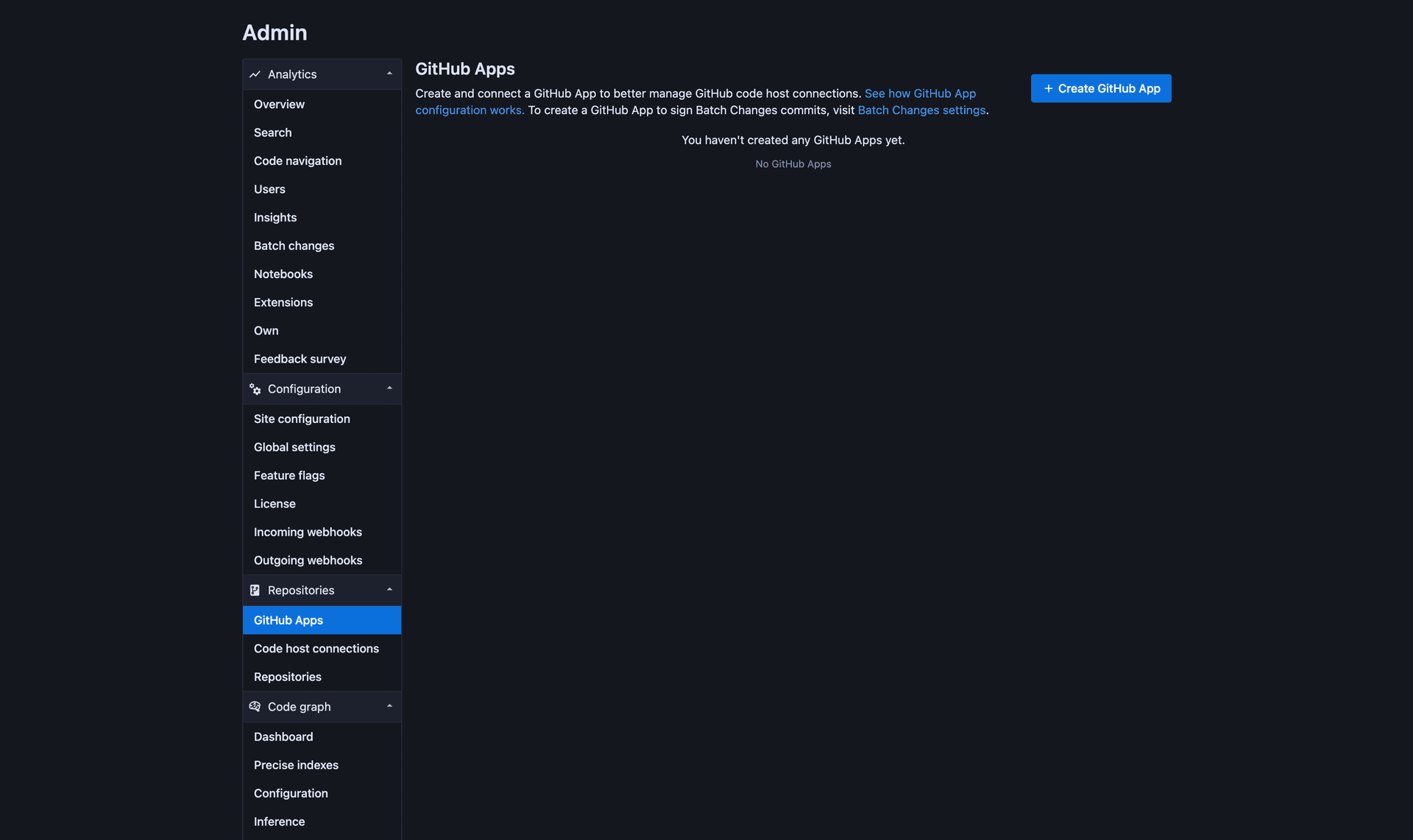 The GitHub Apps page on Sourcegraph