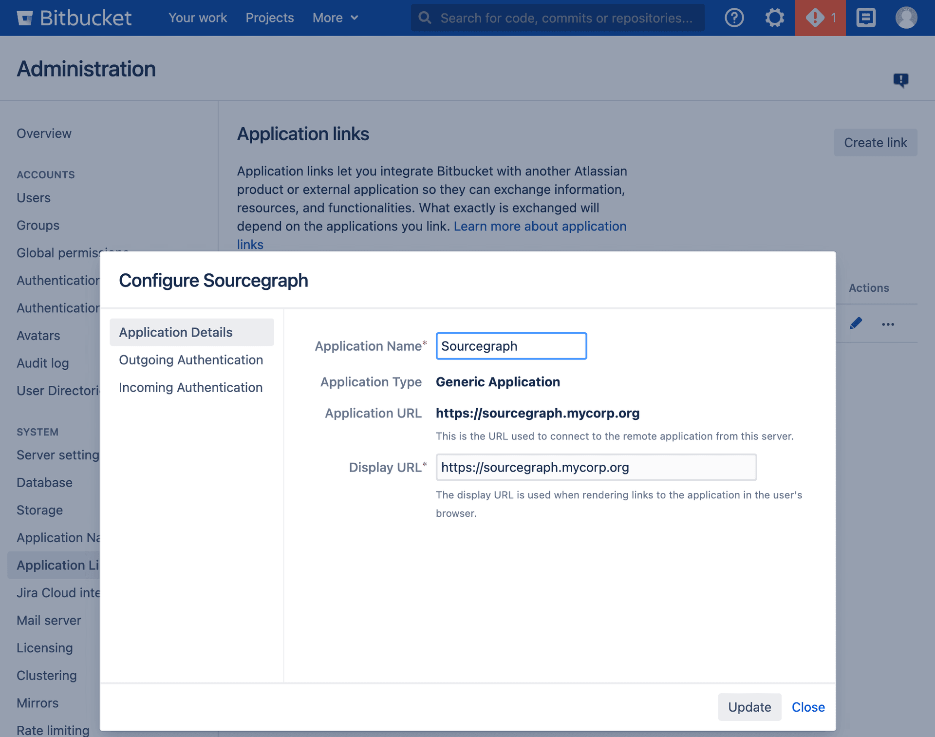 Screenshot of first part of Bitbucket Edit Link form.