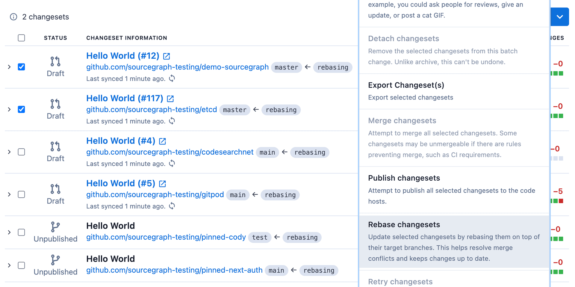 List of changesets and dropdown overlay