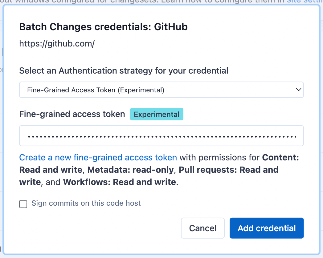 Add credential modal with fine-grained token selected