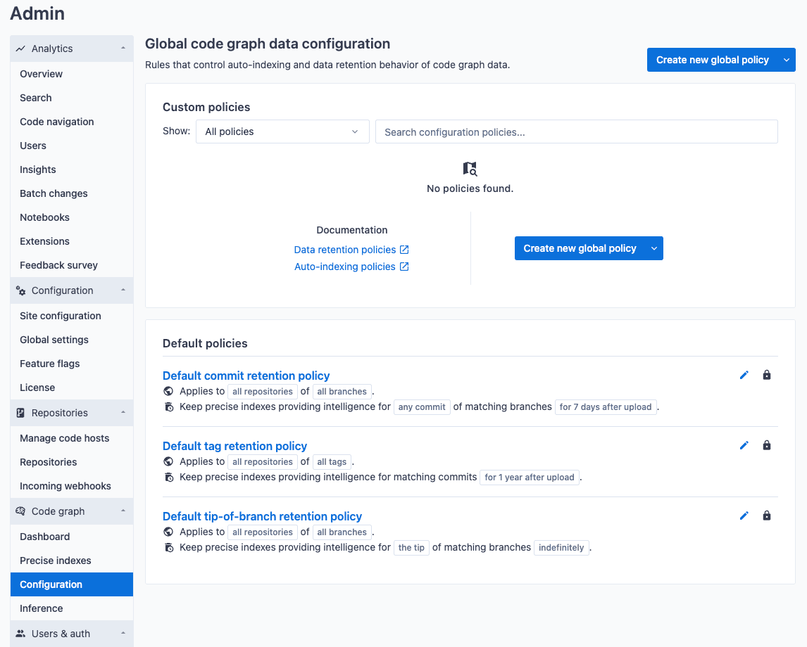 Global auto-indexing policy configuration list page